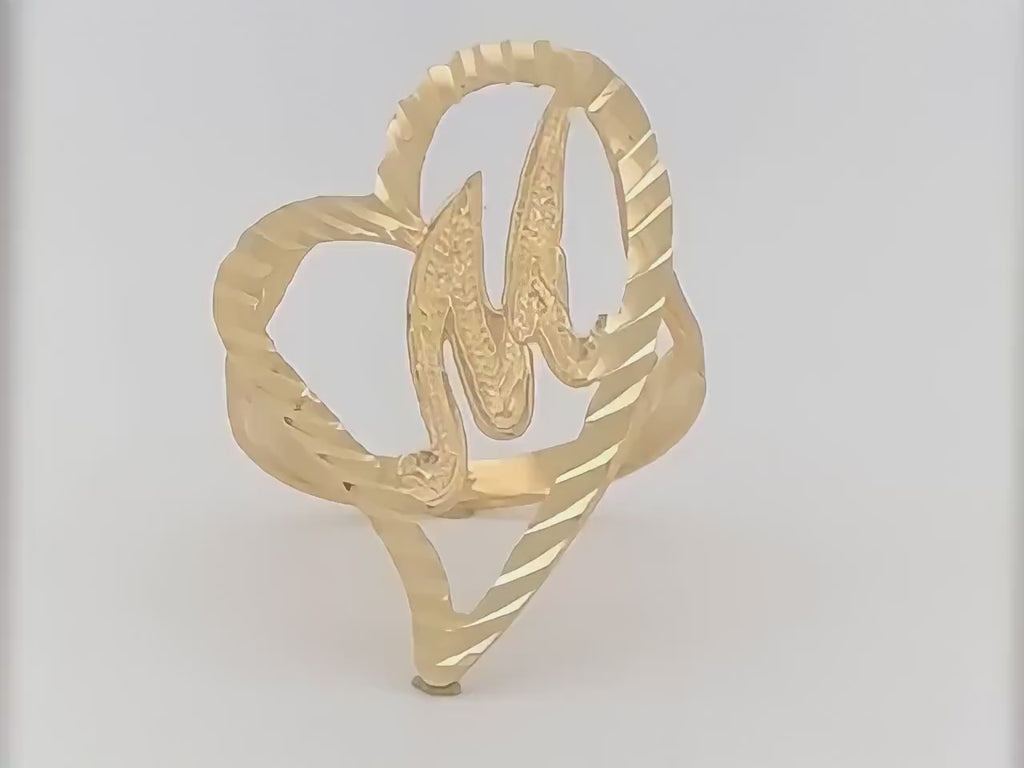 10k Yellow Gold Solid Slanted Heart Cursive Initial Ring with Diamond Cut