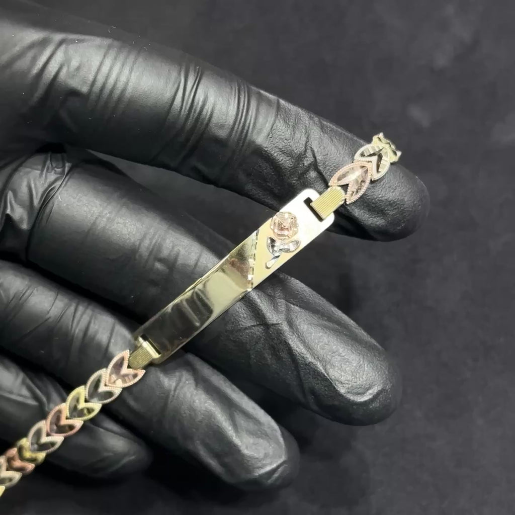 10k Gold 3 Tone Yellow White Rose Gold Bracelet with Nameplate and Flower
