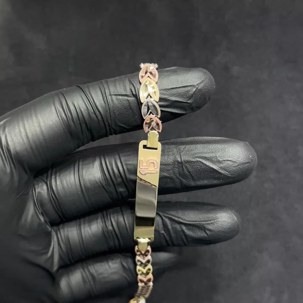 3 Tone 10k Gold Quinceanera Bracelet with Nameplate for Girls Woman