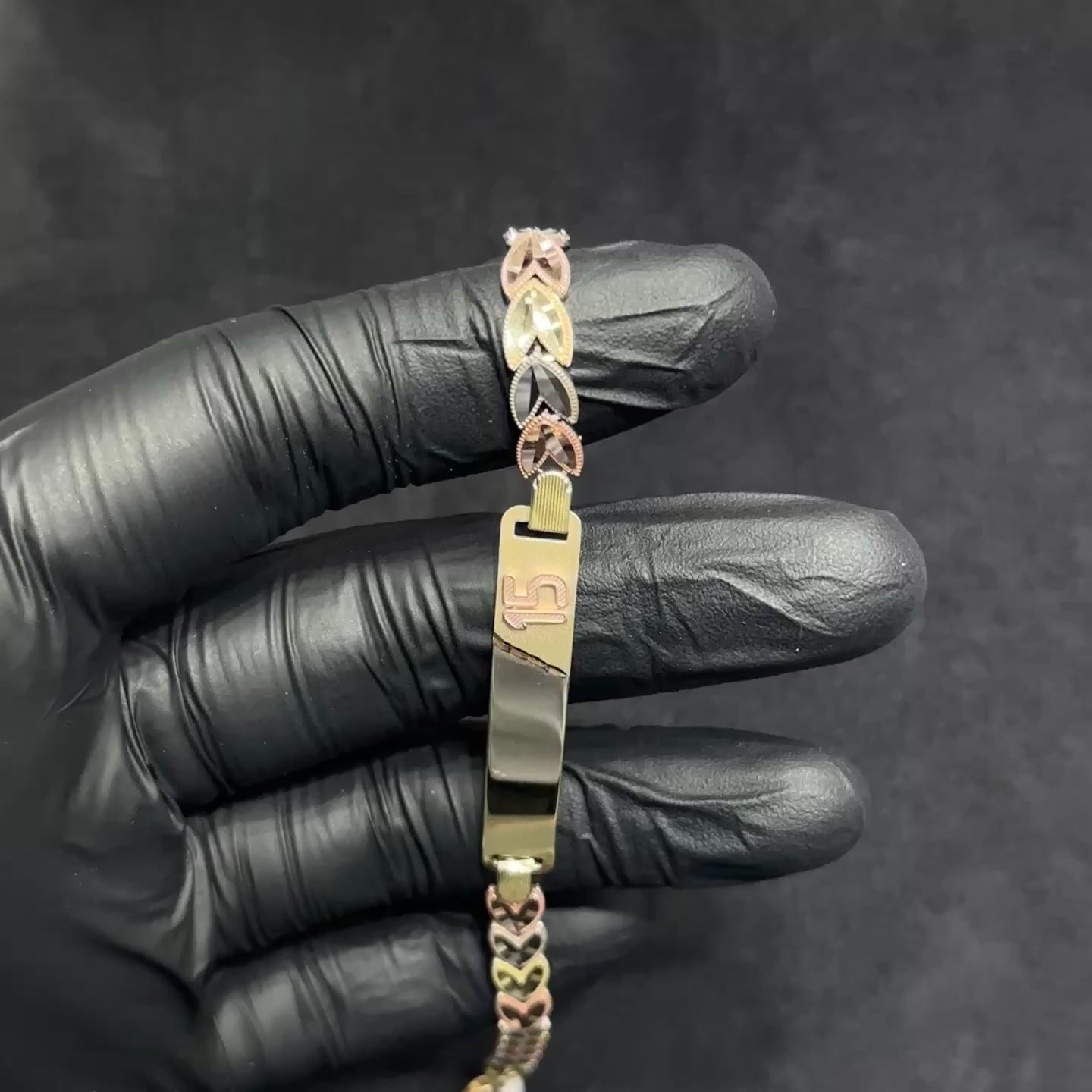 3 Tone 10k Gold Quinceanera Bracelet with Nameplate for Girls Woman