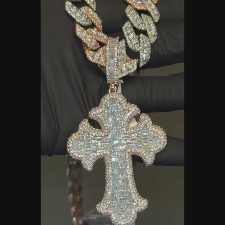 Gothic Cross w Baguette Moissanite Diamonds 925 Sterling Silver Passes Diamond Tester
