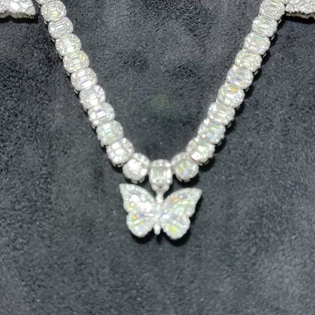 22.83 CTW 925 Sterling Silver VVS Moissanite Butterfly Cluster Tennis Chain 20"