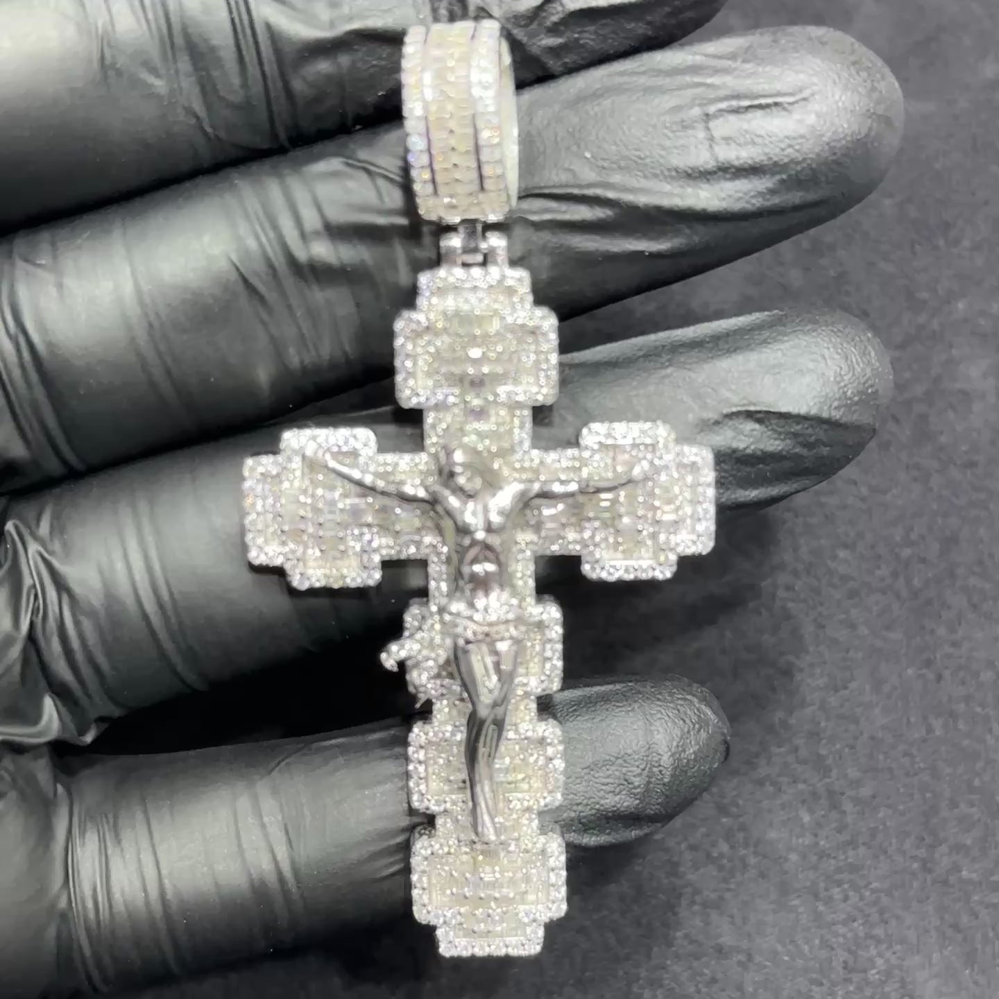 925 Silver Cross Charm Moissanite Baguette Man Woman HipHop