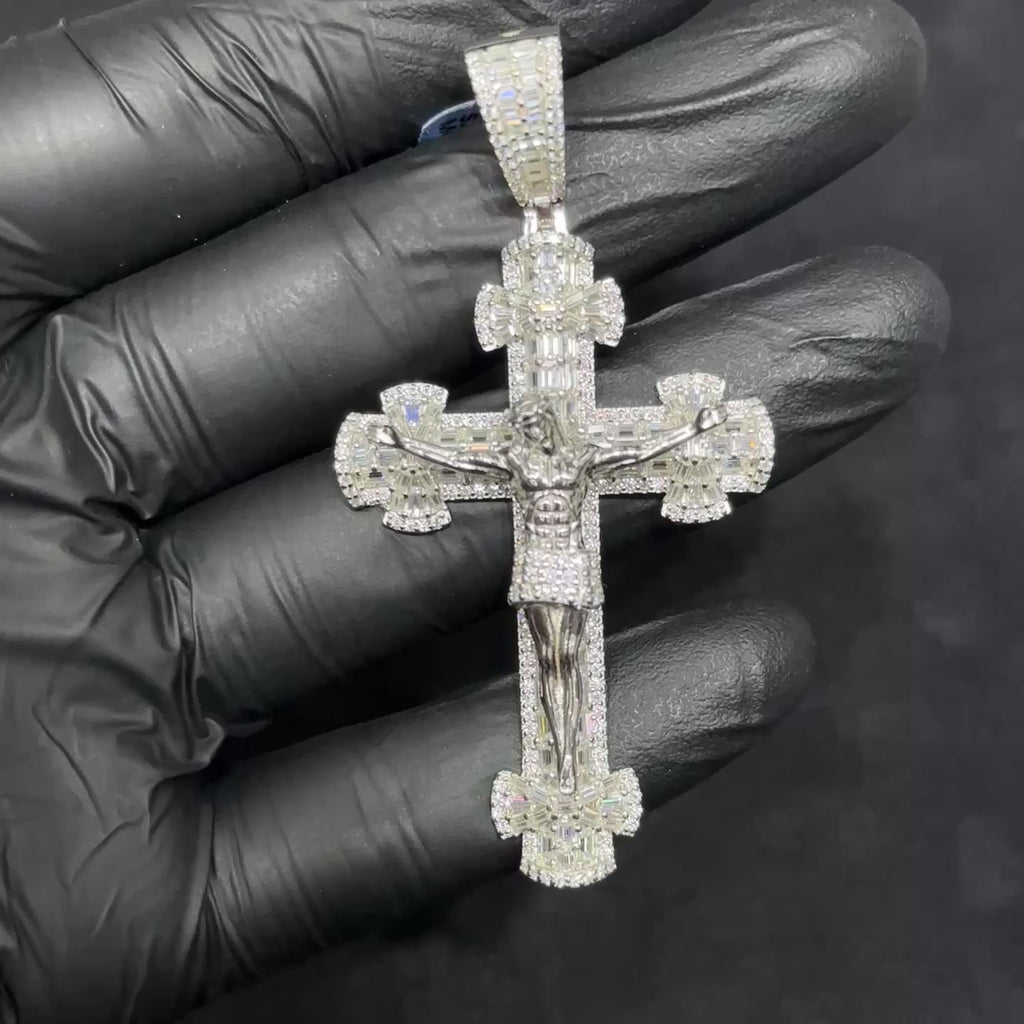 925 Silver Cross with Jesus Body and Baguette Style Moissanite VVS 5.56 CTW