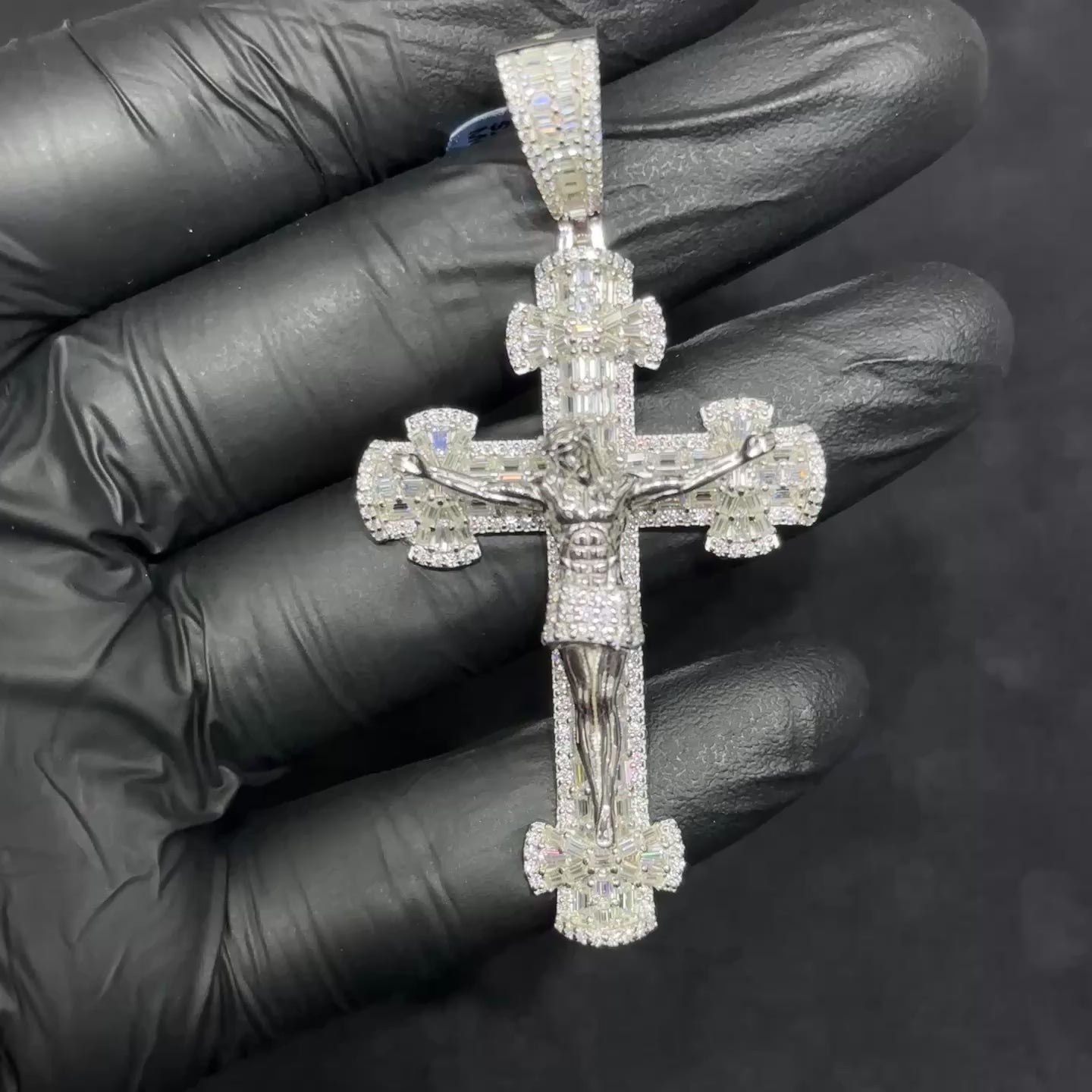 925 Silver Cross with Jesus Body and Baguette Style Moissanite VVS 5.56 CTW