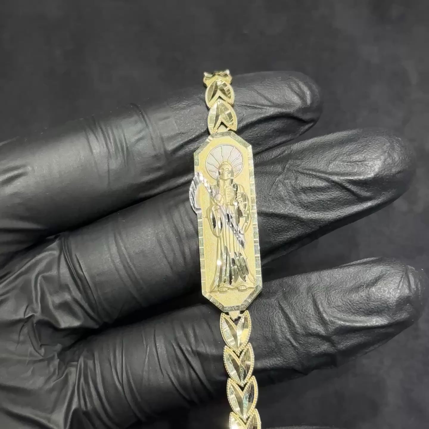 Grim Reaper Saint Death St Santa Muerte 10k Gold Bracelet Unisex with Heart