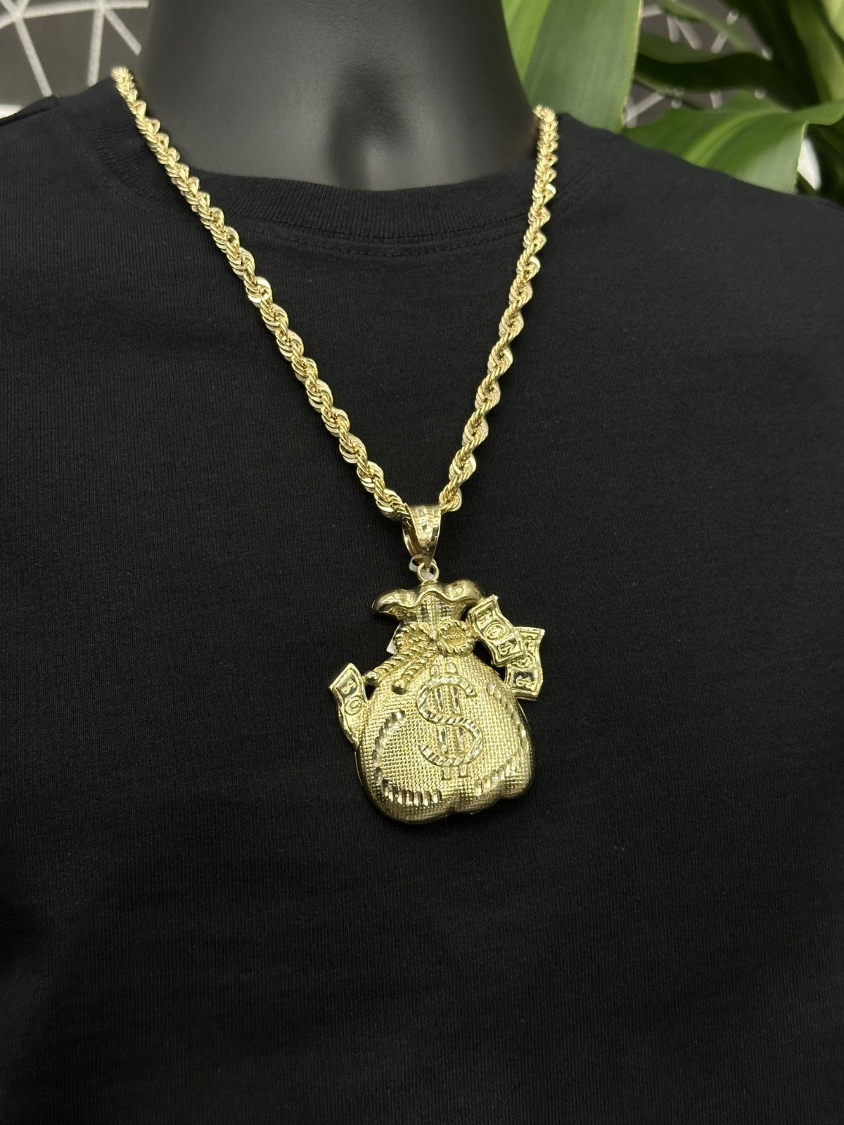 10k Gold Charm Big Money Bag Real Gold Pendant with Diamond Cut Gold