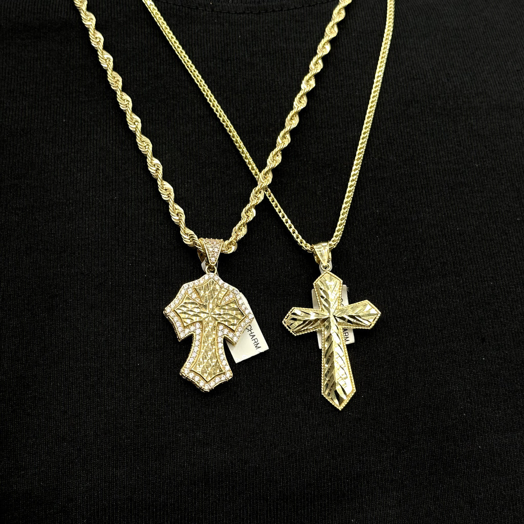 Real Solid 10K Yellow Gold Polished Small Diamond Cut Cross Charm Pendant