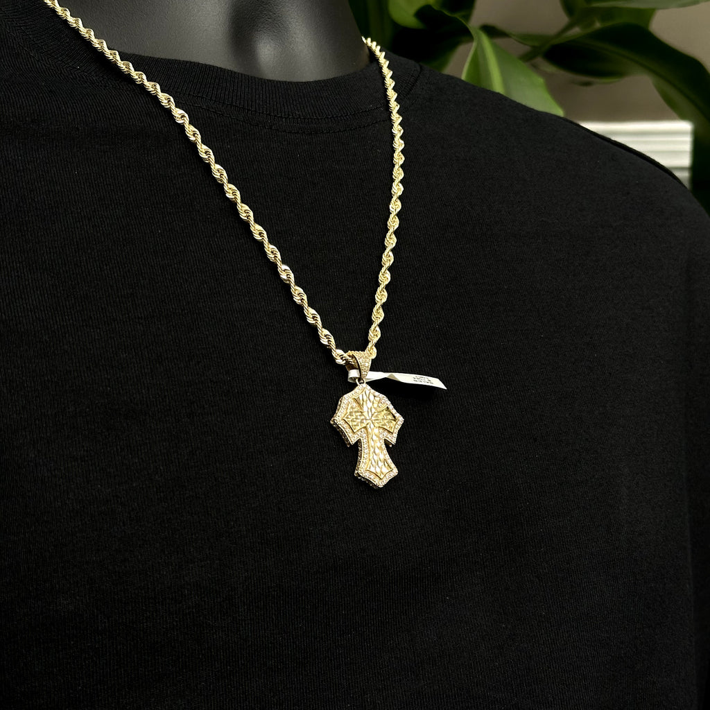 Real Solid 10K Yellow Gold Polished Small Diamond Cut Cross Charm Pendant