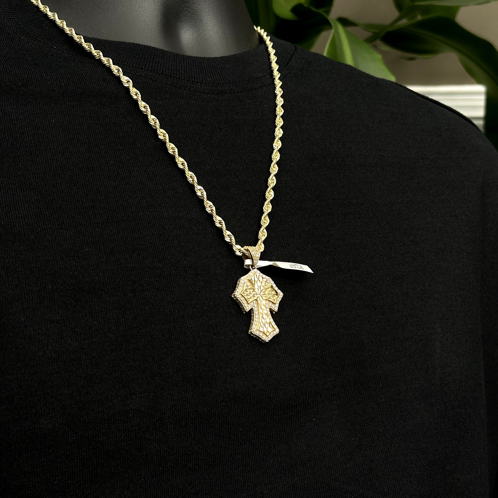 Real Solid 10K Yellow Gold Polished Small Diamond Cut Cross Charm Pendant