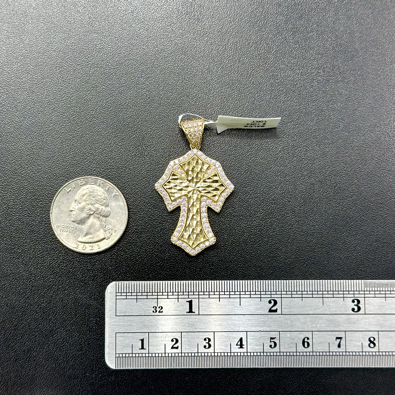 Real Solid 10K Yellow Gold Polished Small Diamond Cut Cross Charm Pendant
