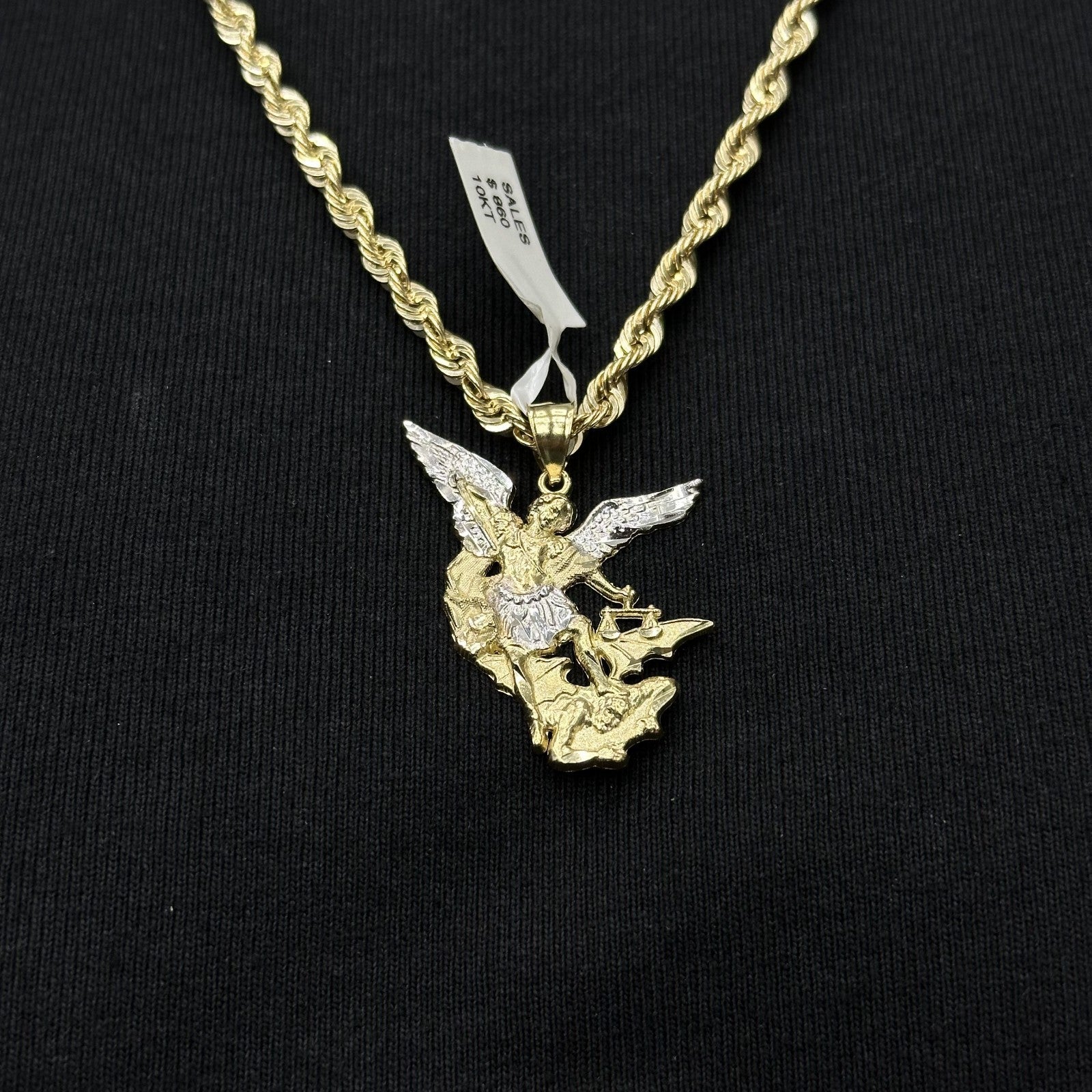 Diamond-Cut St. Michael Archangel and the Devil Pendant 10K Yellow White Gold