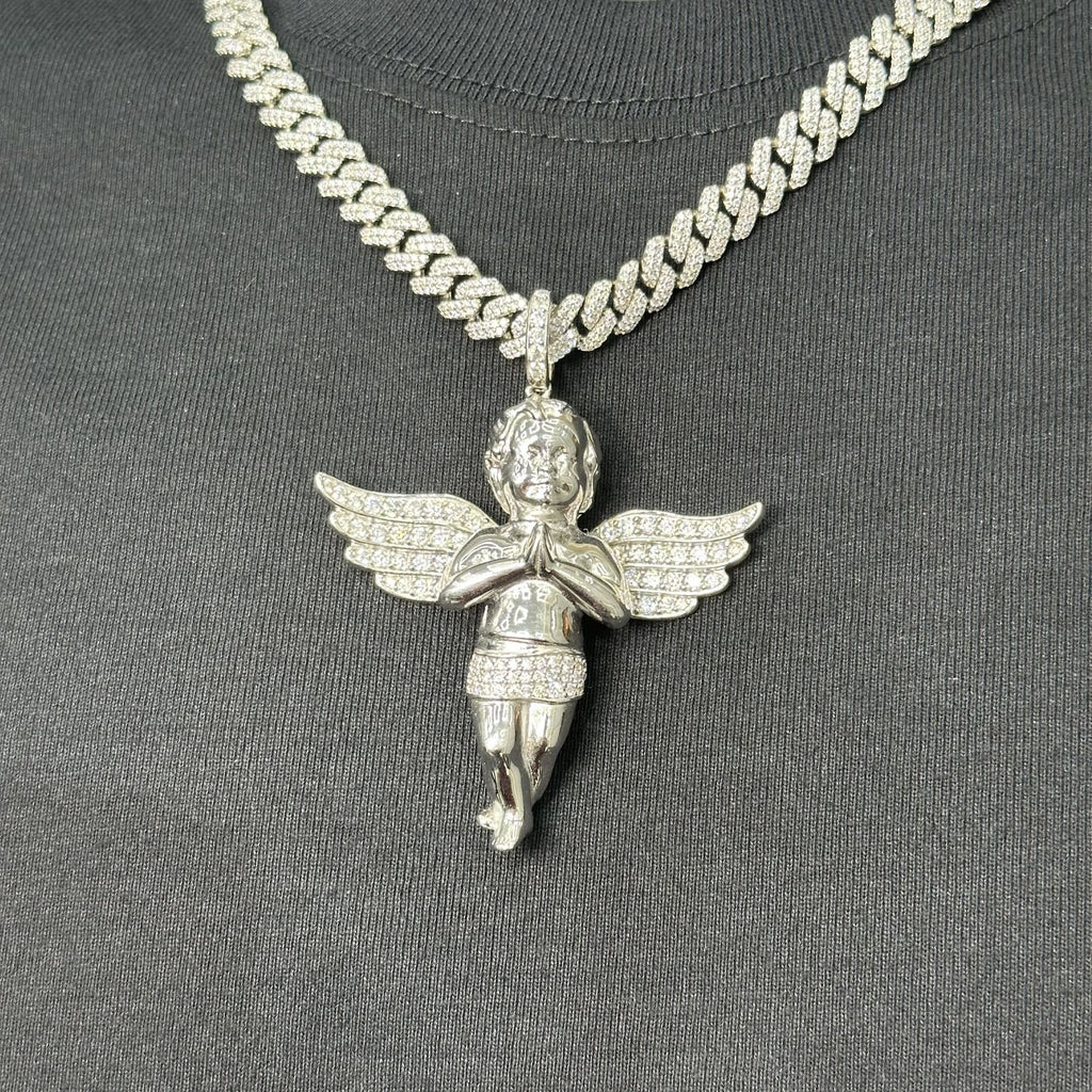 Moissanite 4.38 ct Praying Baby Angel Small 925 Sterling Silver Pendant Necklace