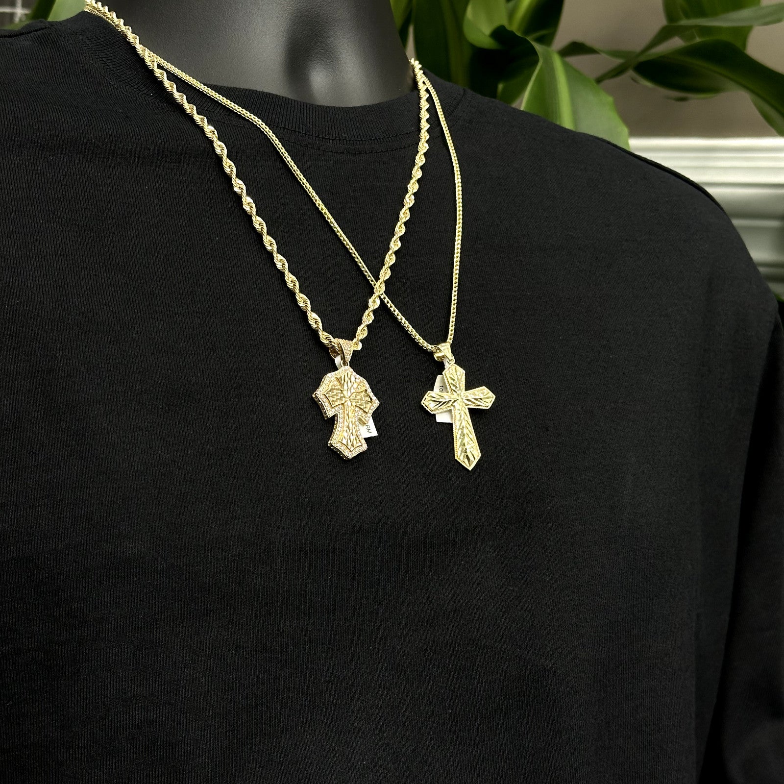 Real Solid 10K Yellow Gold Polished Small Diamond Cut Cross Charm Pendant