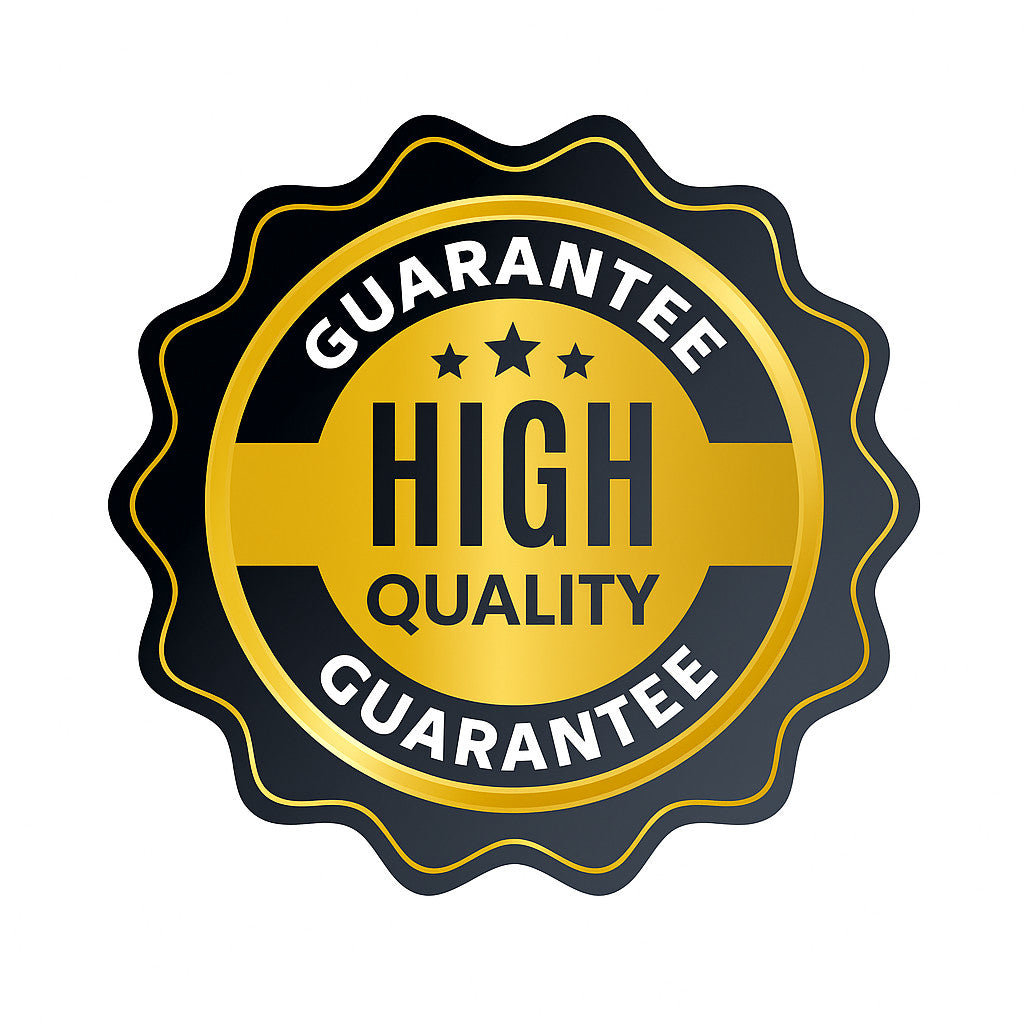 Gold and black badge with 'Guarantee High Quality' text on a white background