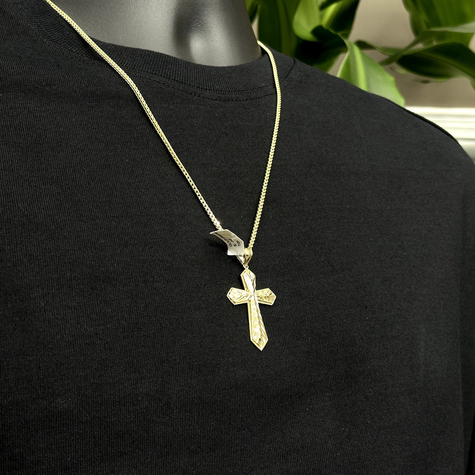 Real Solid 10K Yellow Gold Polished Small Diamond Cut Cross Charm Pendant