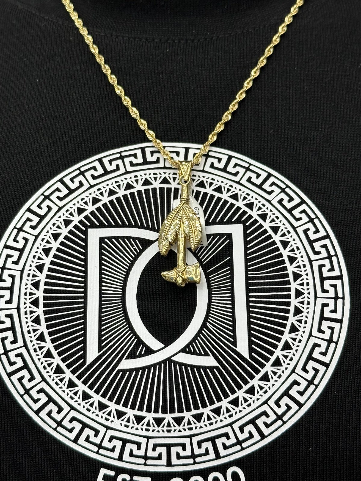 GOLD TOMAHAWK CHARM 10K REAL GOLD PENDANT WITH FEATHER