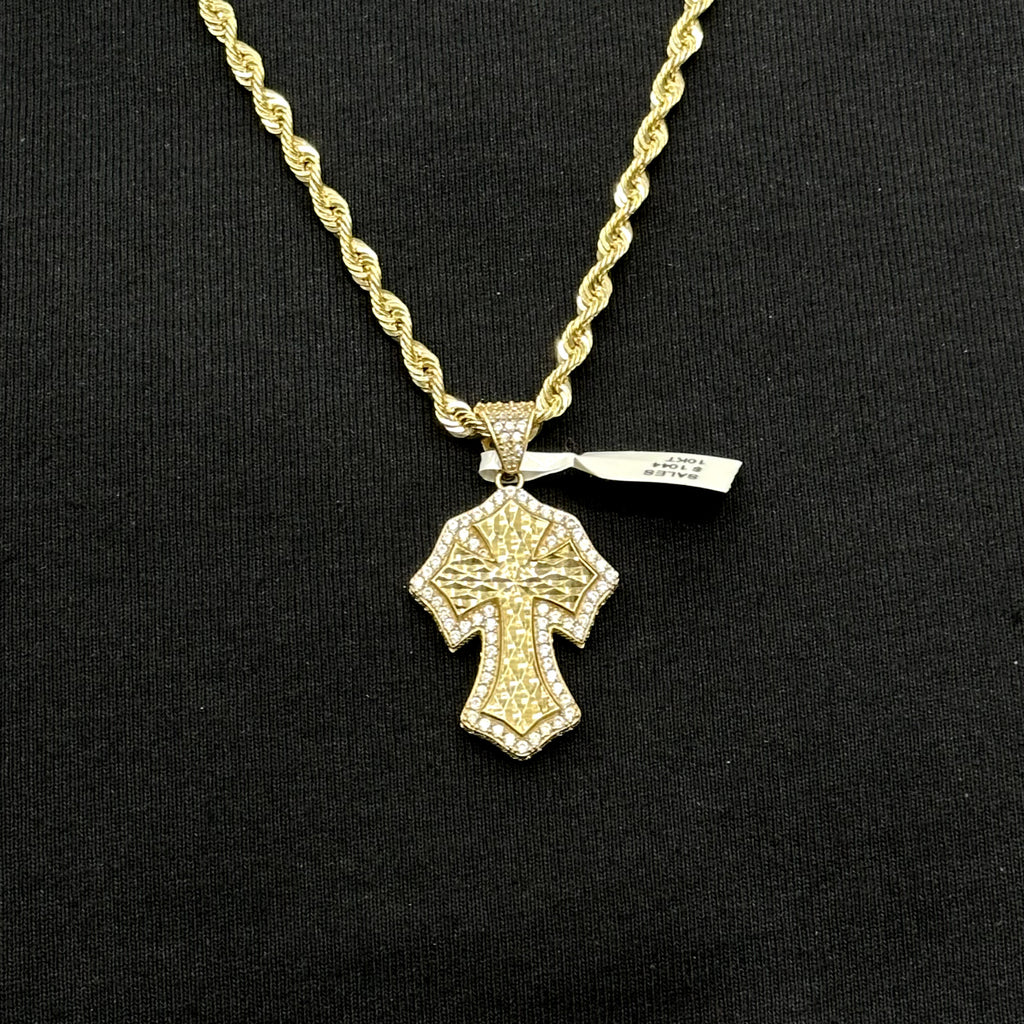 Real Solid 10K Yellow Gold Polished Small Diamond Cut Cross Charm Pendant
