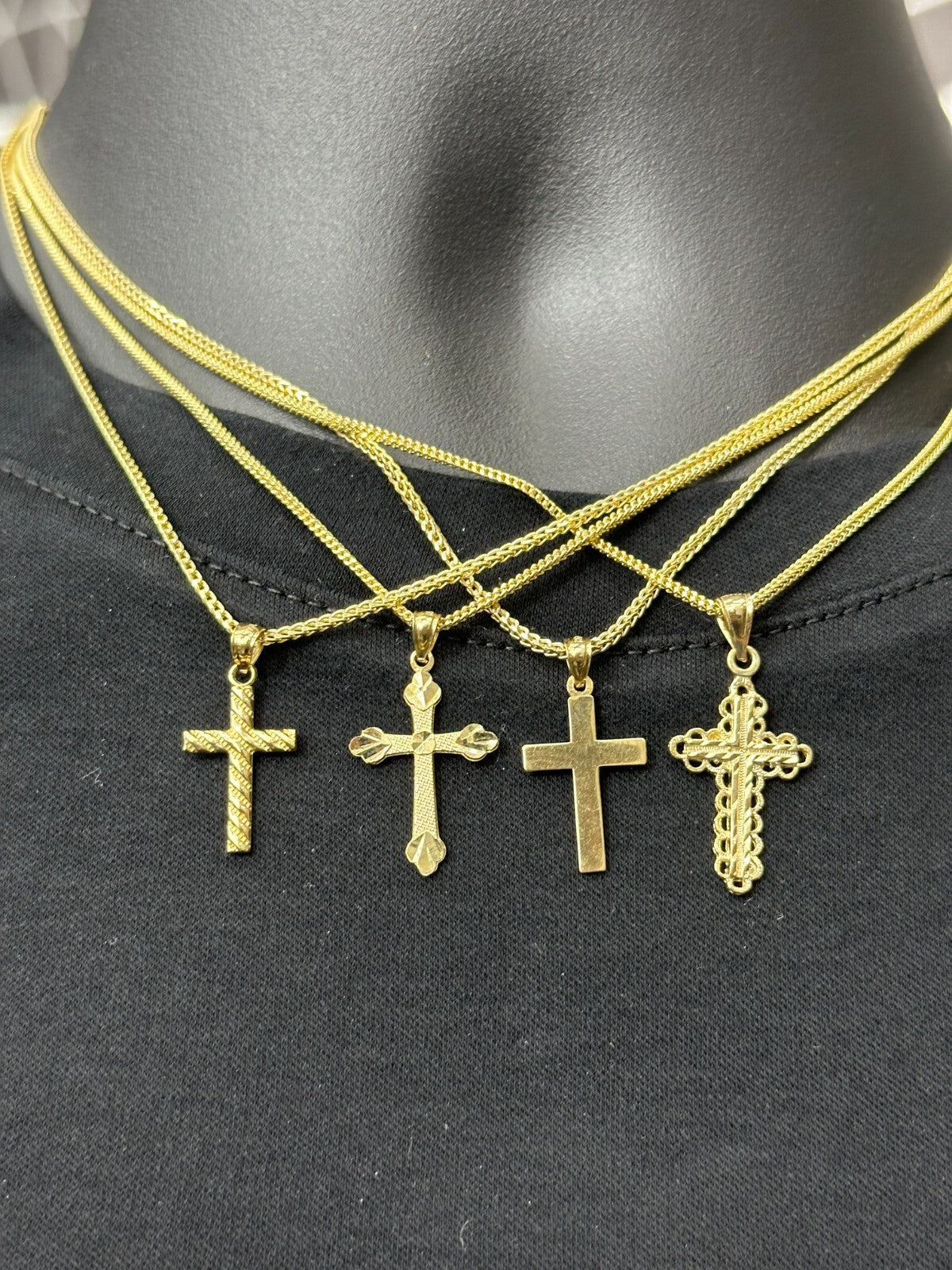 Real Solid 10K Yellow Gold Polished Small Diamond Cut Cross Charm Pendant