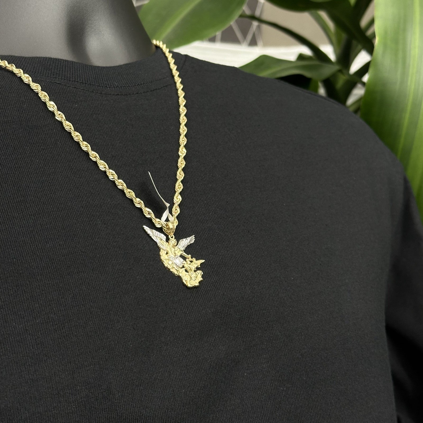 Diamond-Cut St. Michael Archangel and the Devil Pendant 10K Yellow White Gold